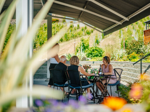 Guests enjoying a tasting on our patio at Meyer Family Vineyards