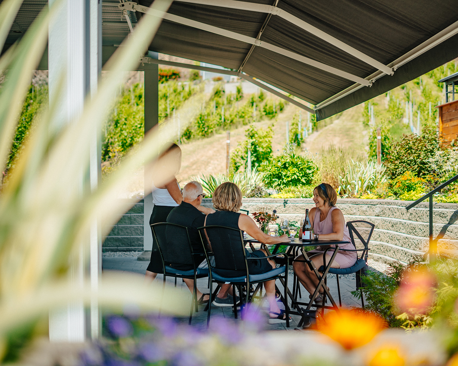 Guests enjoying a tasting on our patio at Meyer Family Vineyards