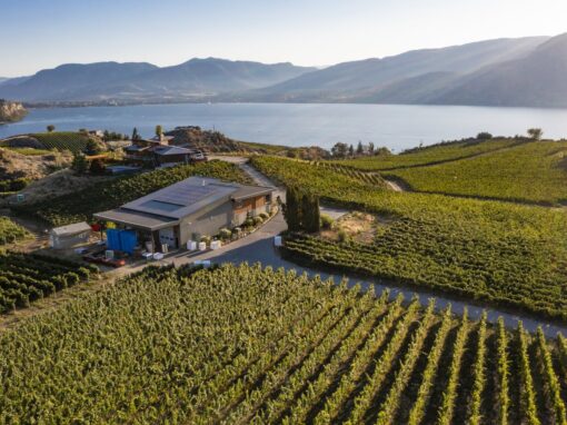 Tightrope Winery solar panels on roof, Okanagan Lake views