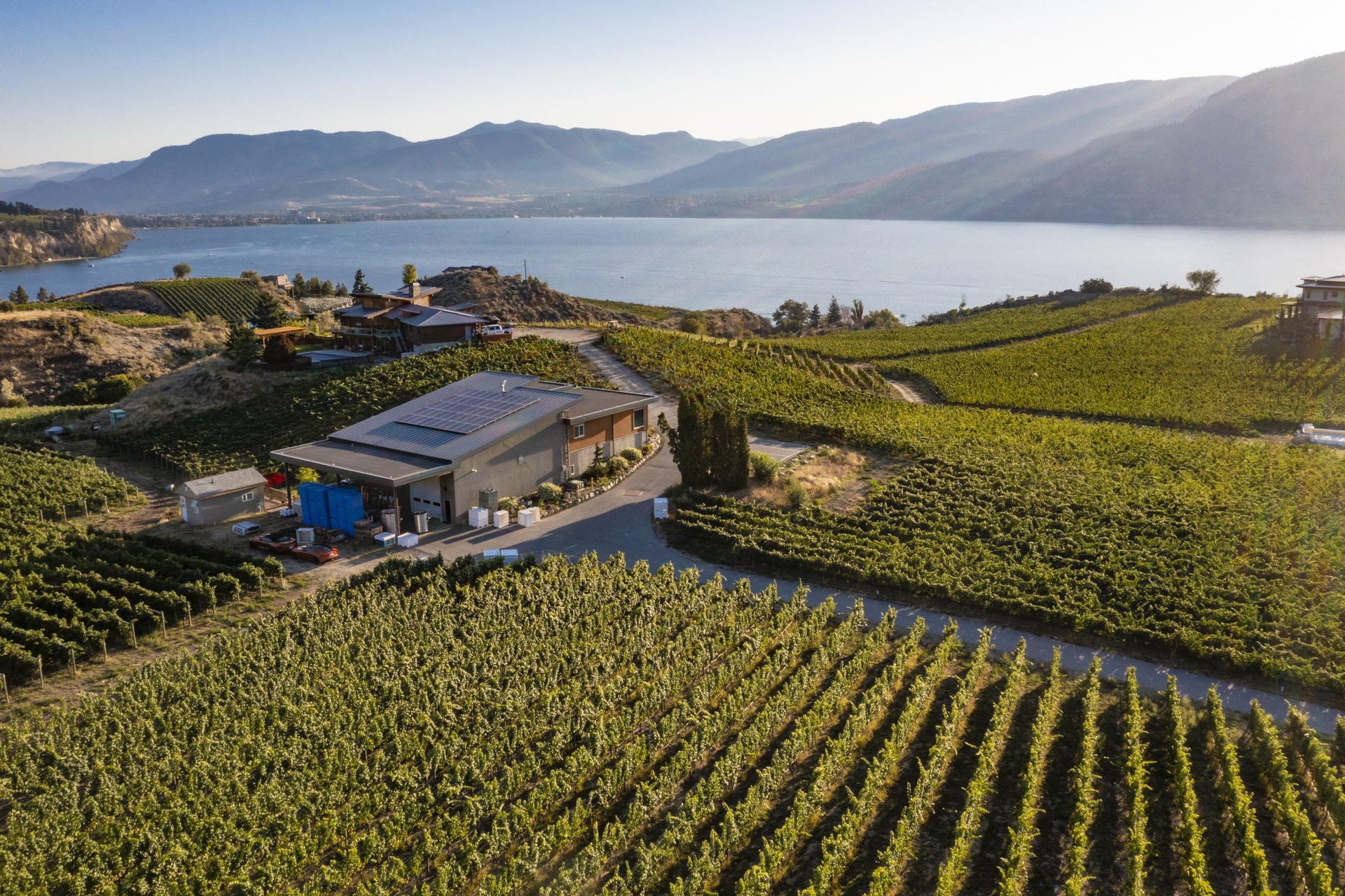 Tightrope Winery solar panels on roof, Okanagan Lake views