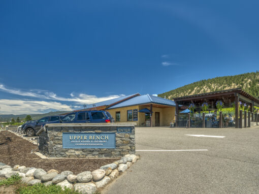 Upper Bench Winery exterior and sign, blue skies