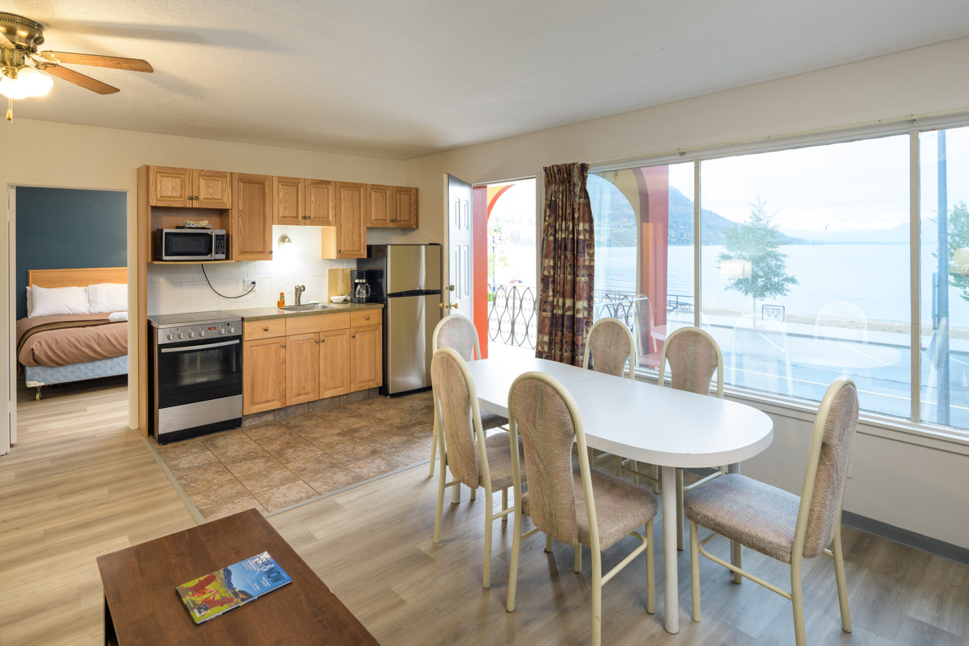 spanish villa motel living room and kitchen