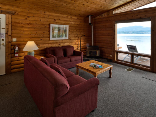 sandy beach lodge cabin living room with view