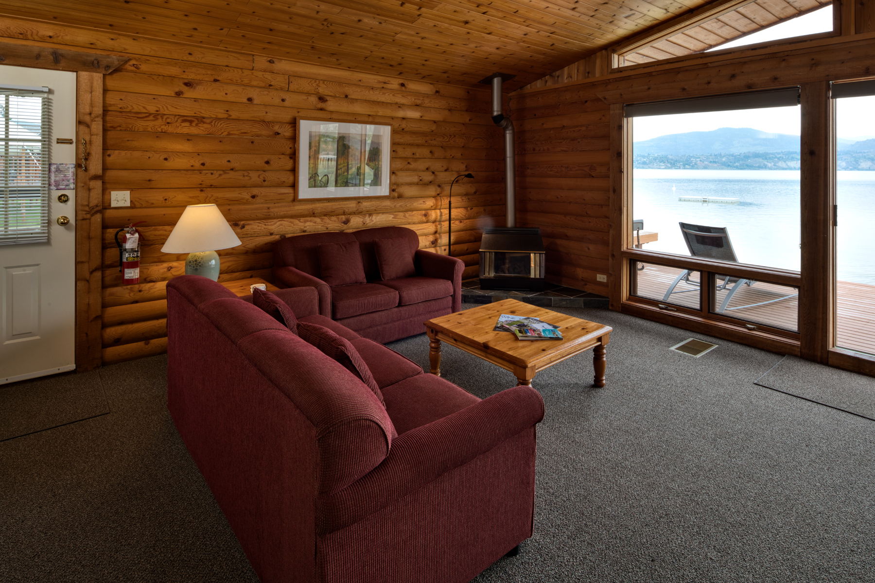 sandy beach lodge cabin living room with view
