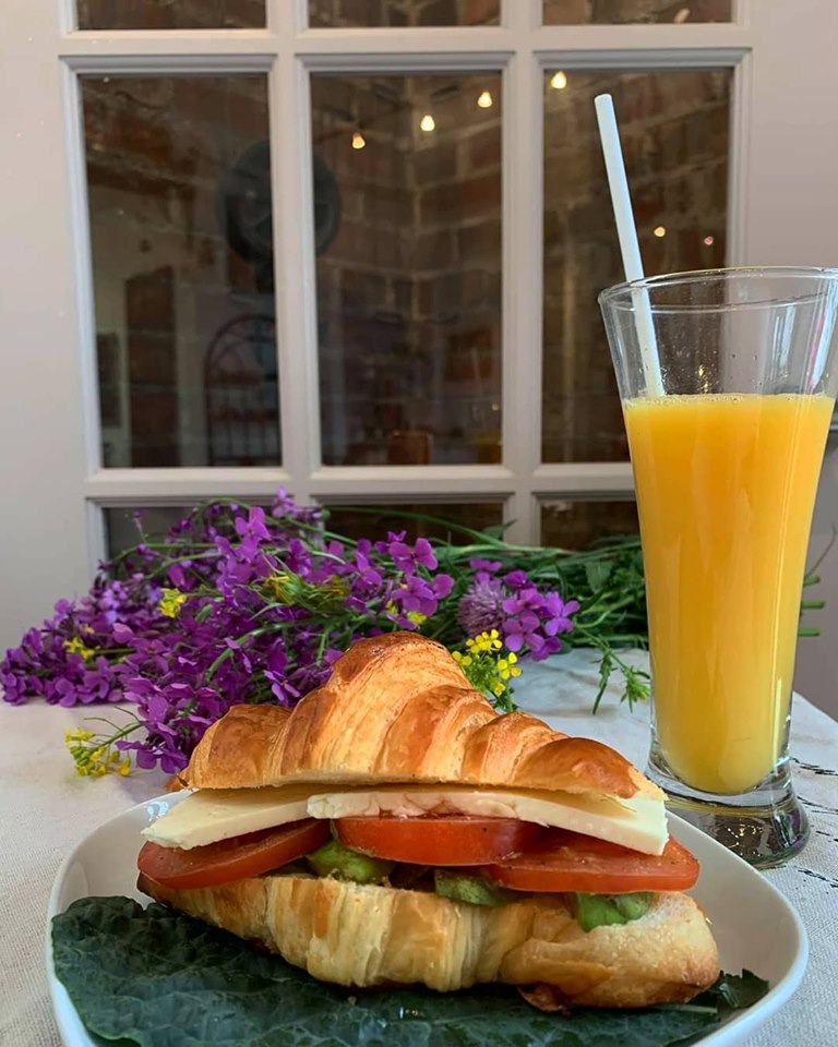croissant sandwich and juice from Petrasek Bakery