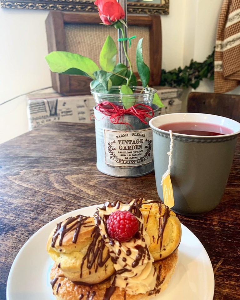 herbal tea and cream pastry from Petrasek Bakery