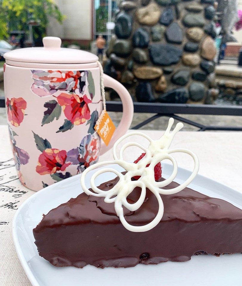 herbal tea and chocolate cake from Petrasek Bakery