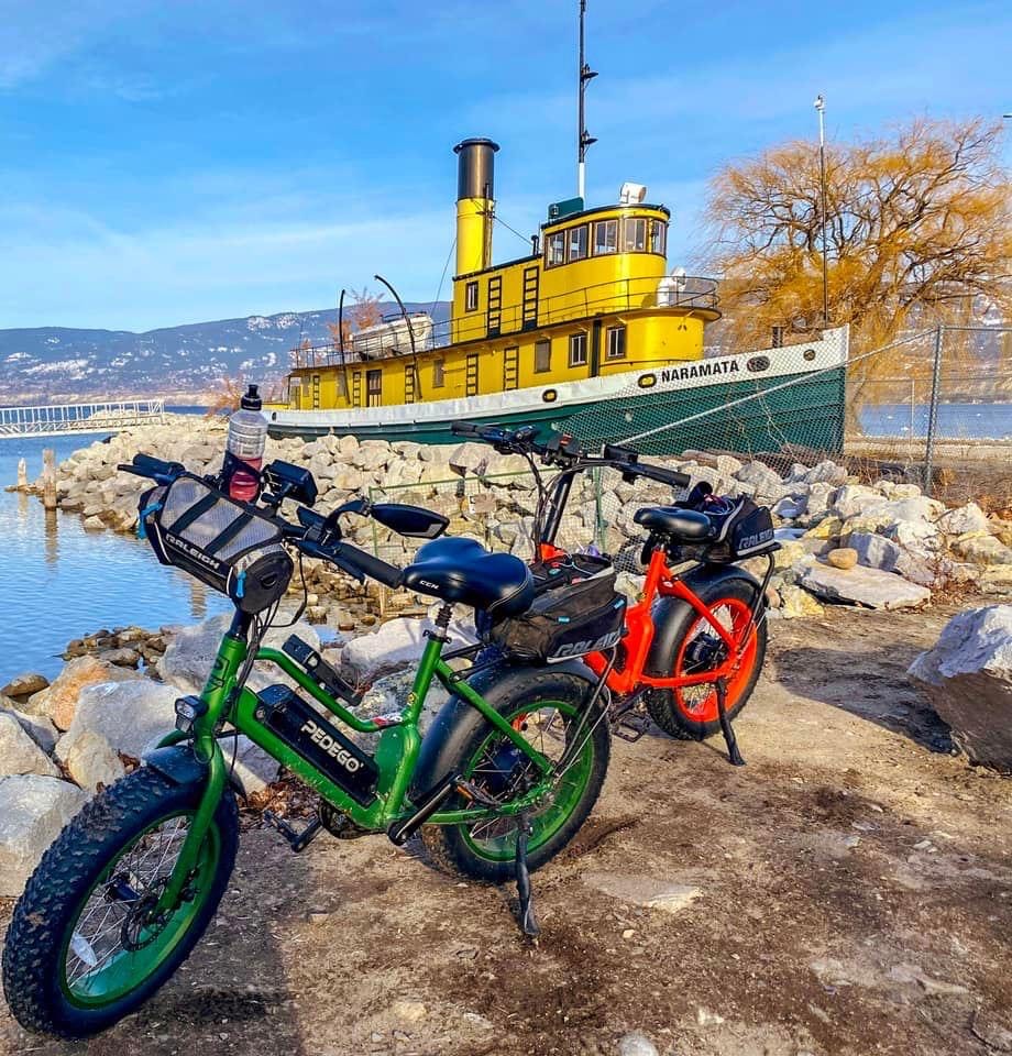 Pedego Element electric bikes in Penticton next to Naramata boat