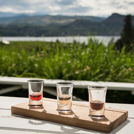 Sample board of Legend Distilling gins over looking okanagan lake