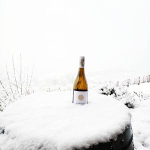 Poplar Grove wine bottle sitting in snow on top of a wine barrel