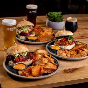 Sandwiches and pints of beer at Slackwater Brewing