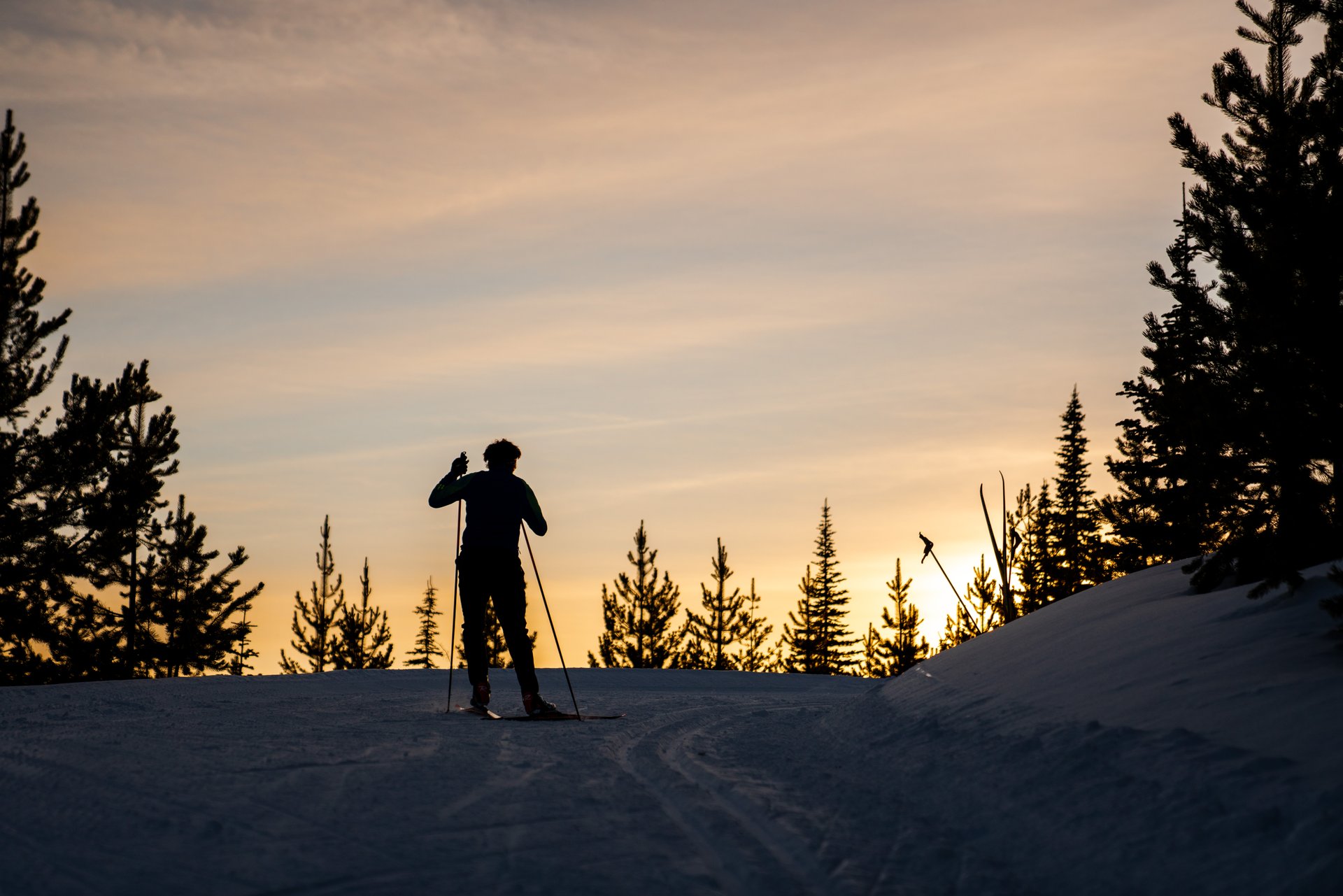nordic skiing at sunset