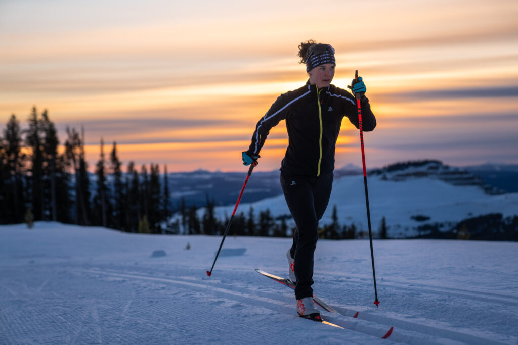 Women cross country skiing at Nickel Plate Nordic center at sunset