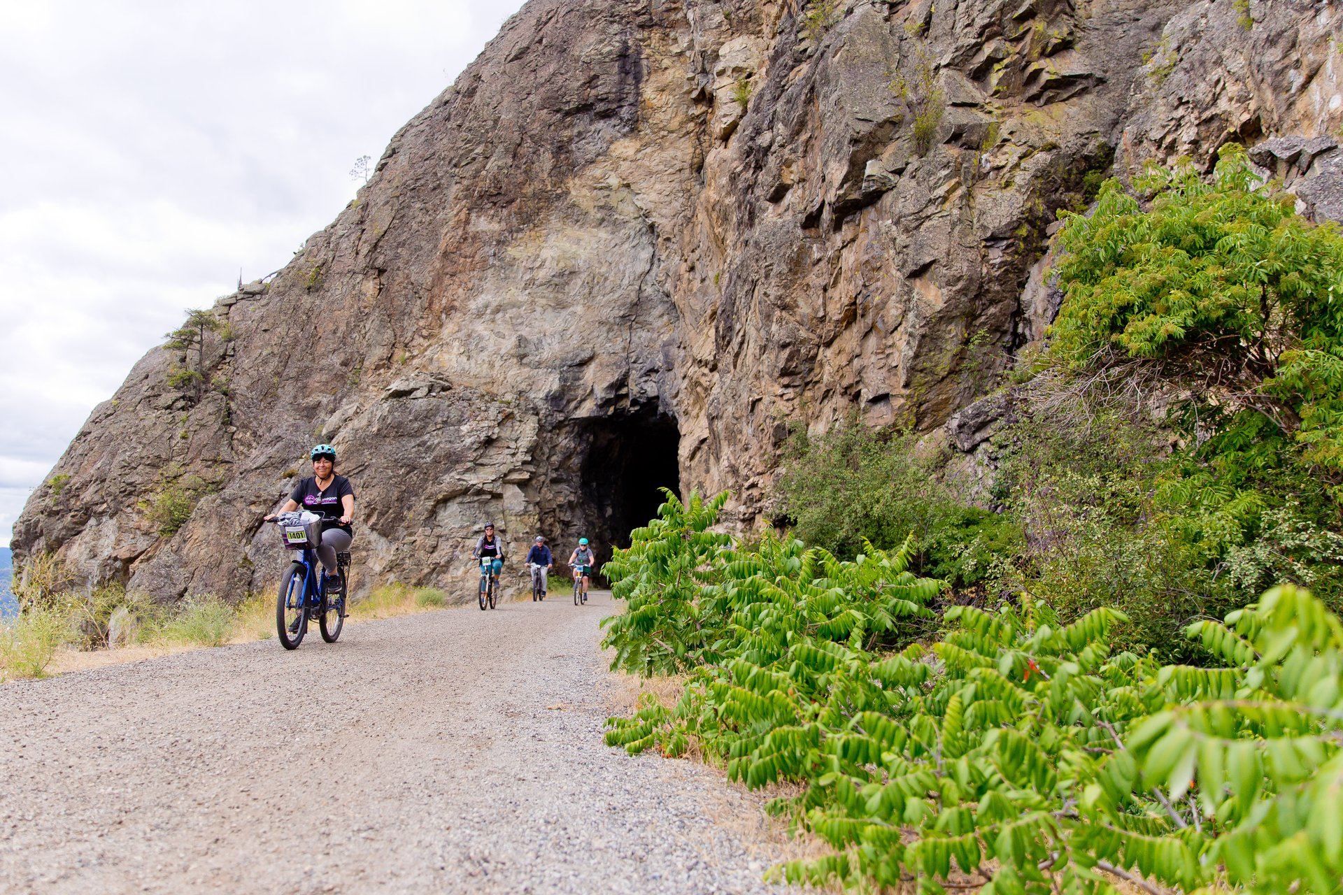 biking out of little tunnel during a biking event on the kvr trail