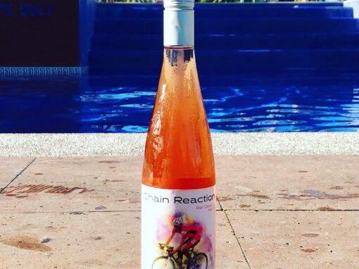 chain reaction winery bottle of rose next to the pool