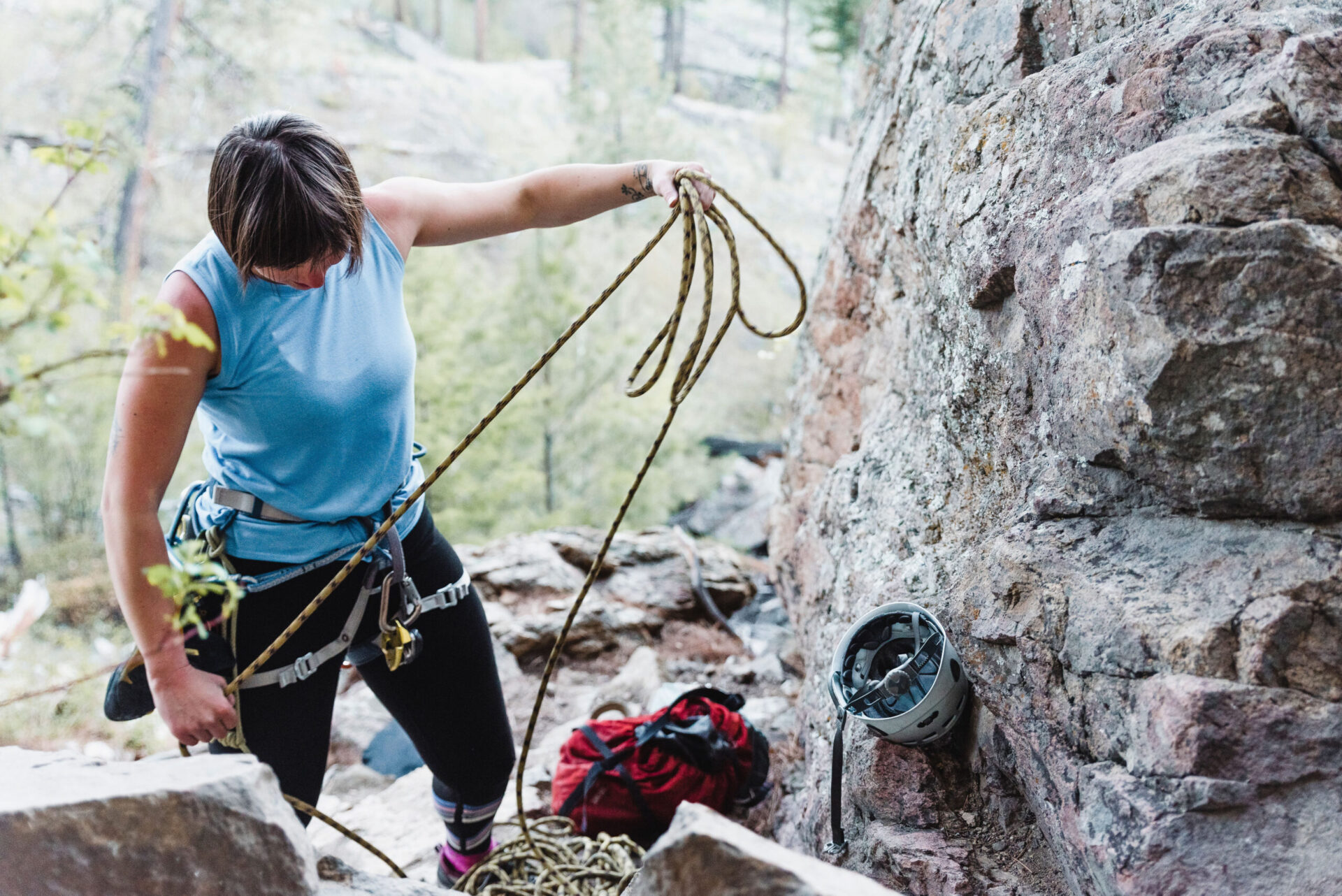 climber getting gear ready at skaha bluffs