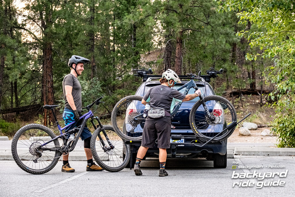 Swagman backyard Ride Guide Skaha Bluffs offloading bikes from bike rack