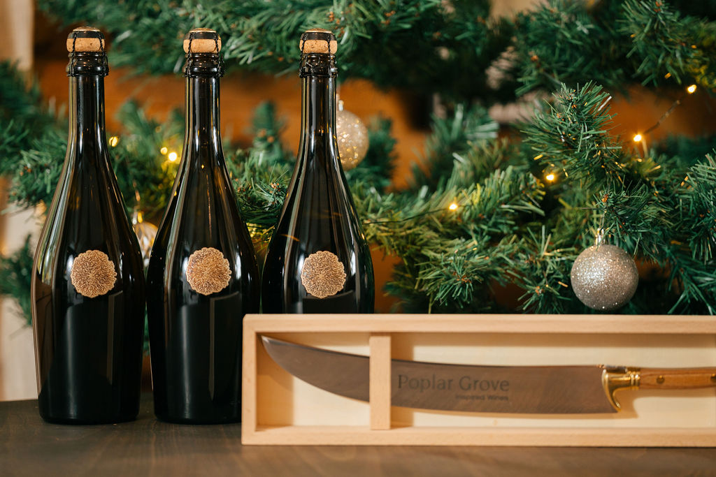 Three bottles of Poplar Grove Brut wine with a saber - gift package.