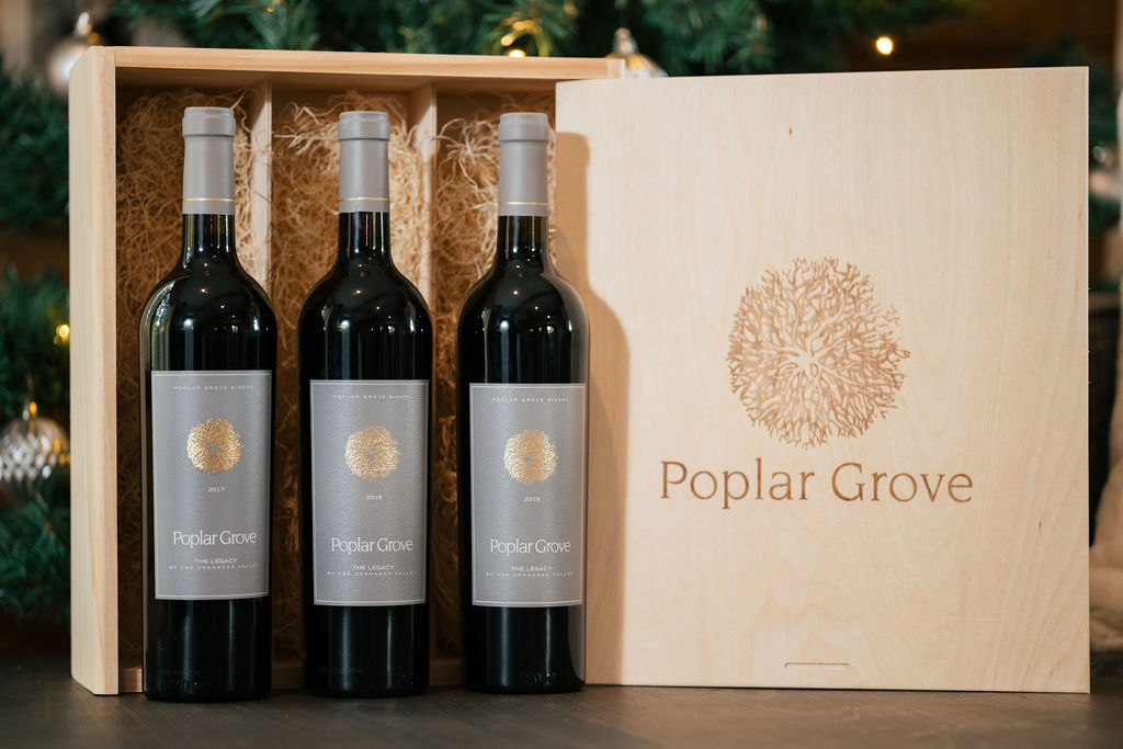 Poplar Grove Legacy collection of wines in a branded pine box set.