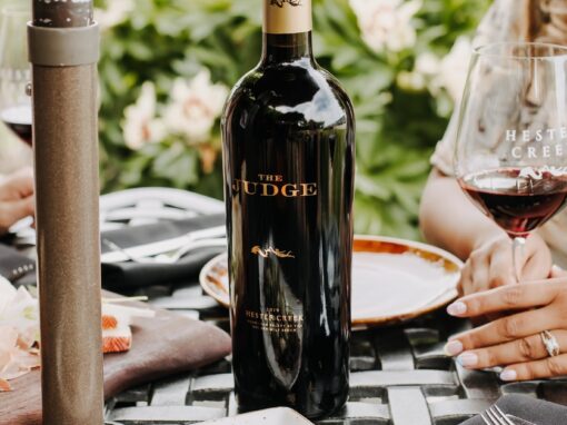 Hester Creek patio table with wine
