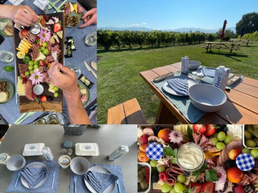 Various Picnic Lunch set ups in a collage style, showcasing lunch is included on all Farm to Glass Wine Tours