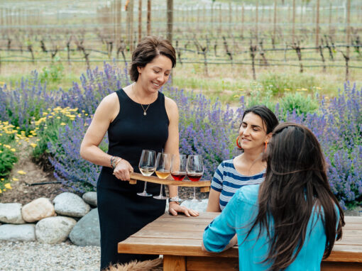 roche wine tasting on patio beside venyards