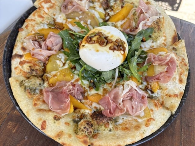 Sweetgrass at Nk'Mip Cellars' Peach & Prosciutto Flatbread Sweetgrass at Nk'Mip Cellars' Peach & Prosciutto Flatbread